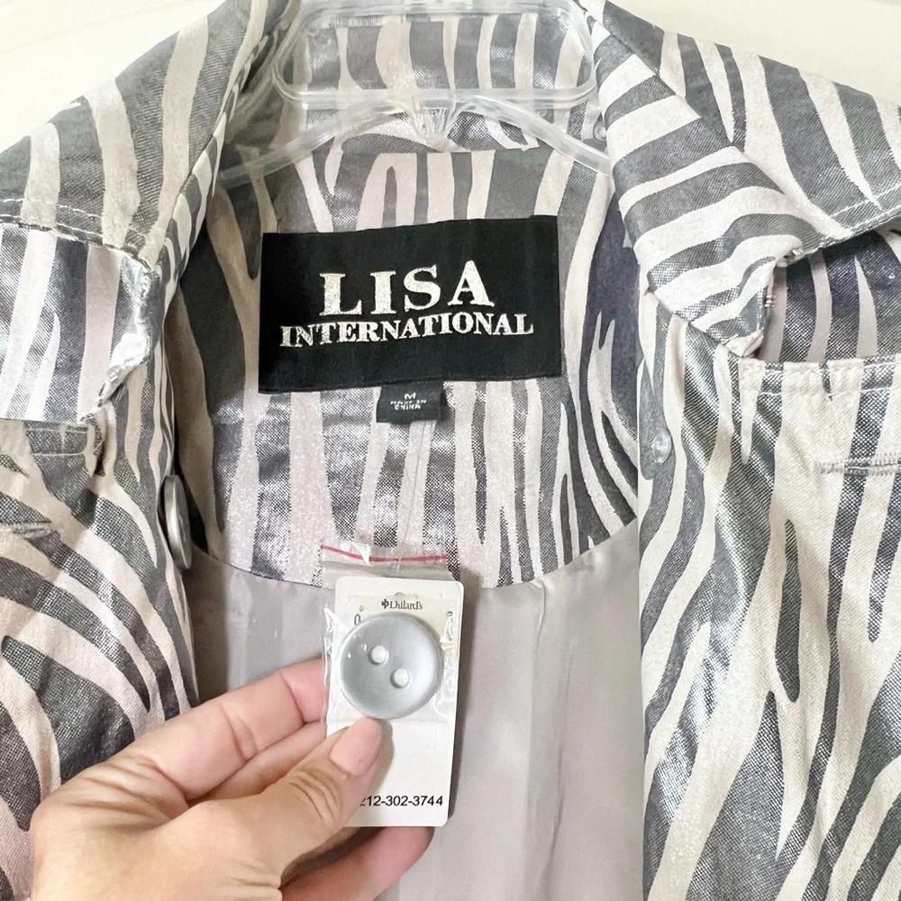 Lisa International Silver Metallic Zebra Print Double Breasted Belted Jacket M